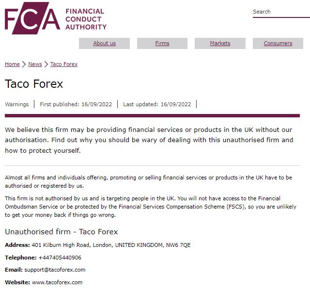 FCA warning against Taco Forex