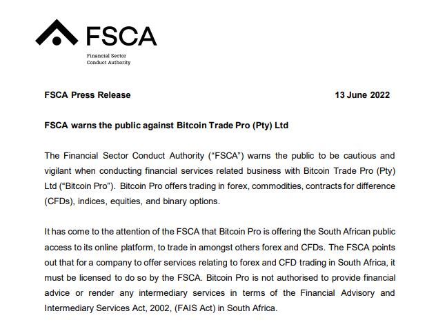 FSCA warning against Bitcoin Trade Pro