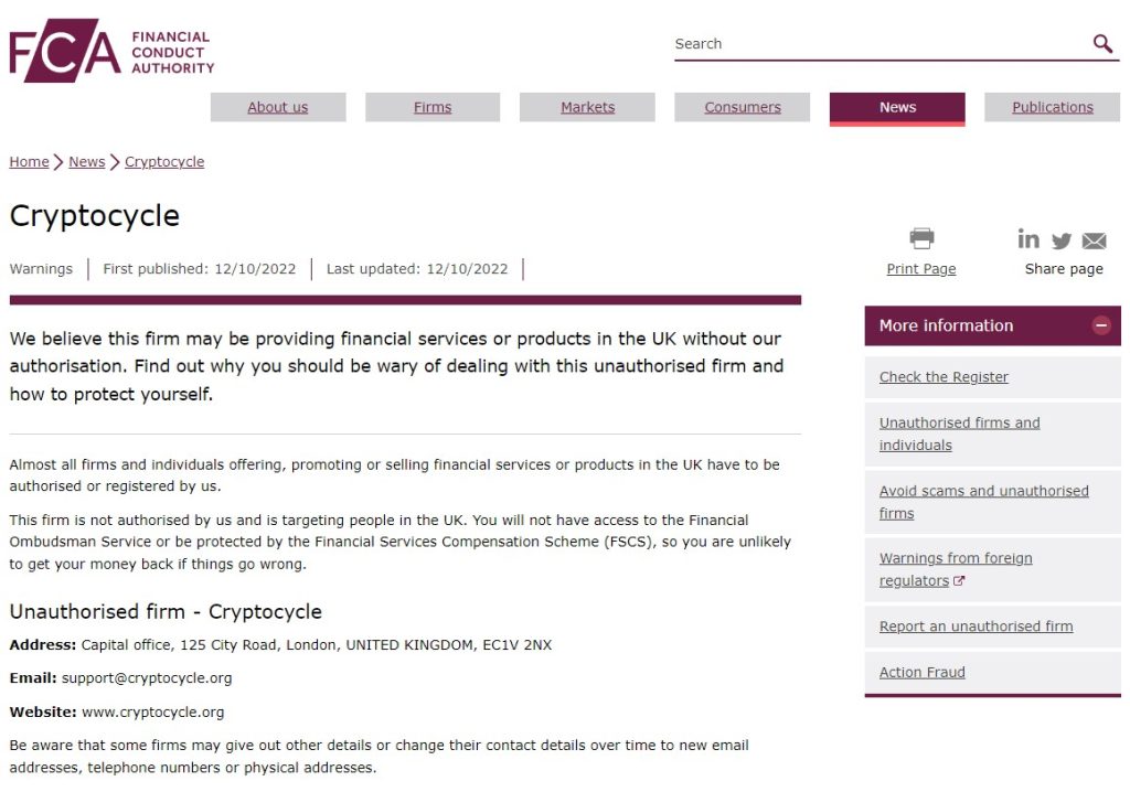 FCA warning on Cryptocycle